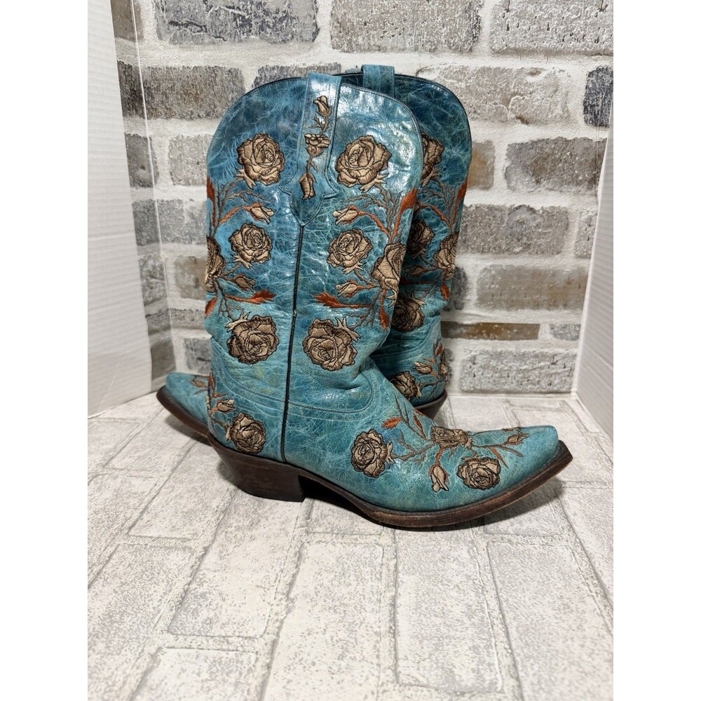 Lucchese M5646 Turquoise Crater Calf Western Boots Floral Embroidery Womens 8.5B
